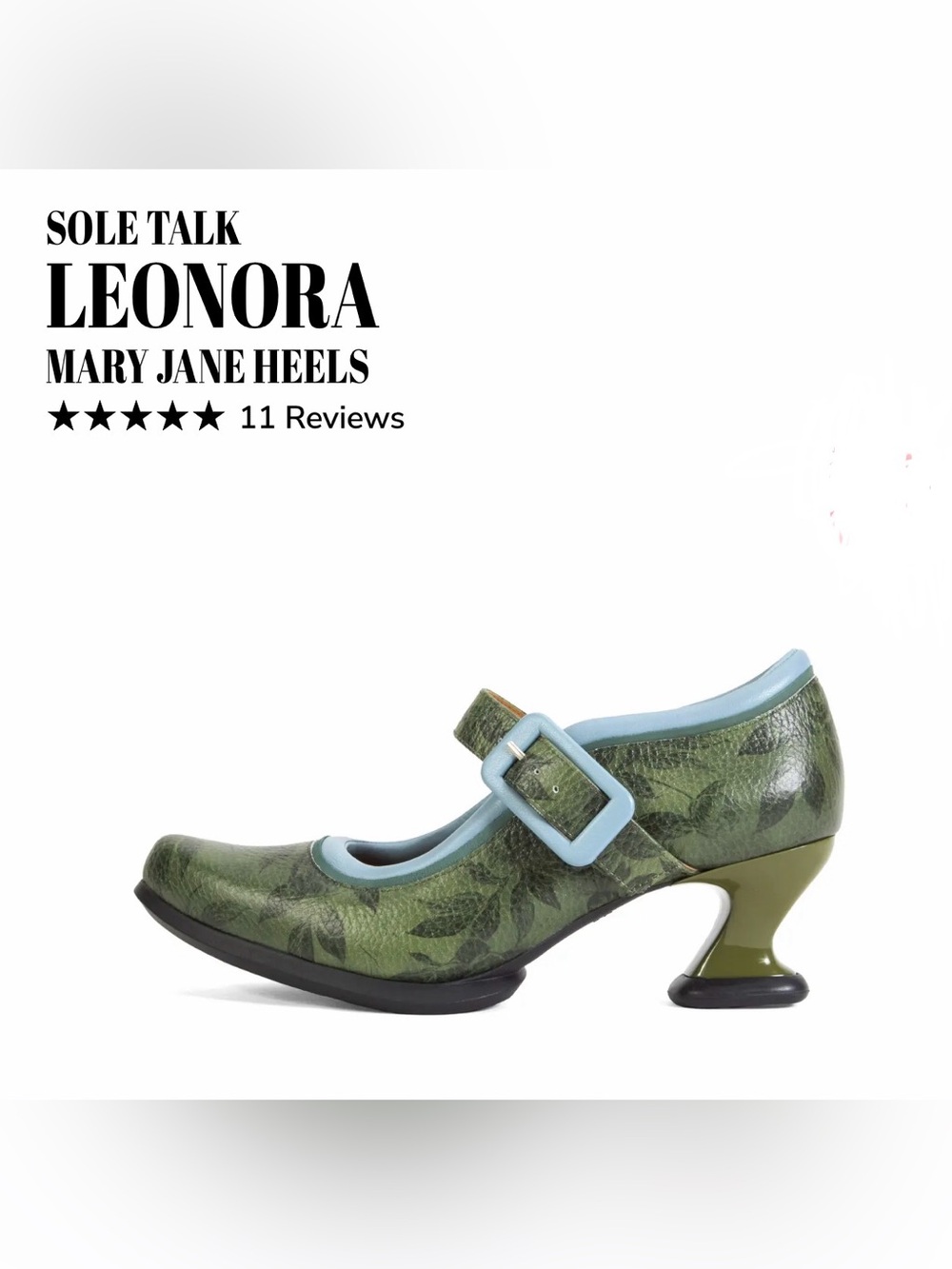 John Fluevog Leonora Green Flora Mary Jane Heels with Light Blue Trim
